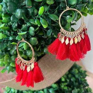 3 for $30 Red Bohemian Fringe Hoop Earrings on Gold Tone Hoops NWT
